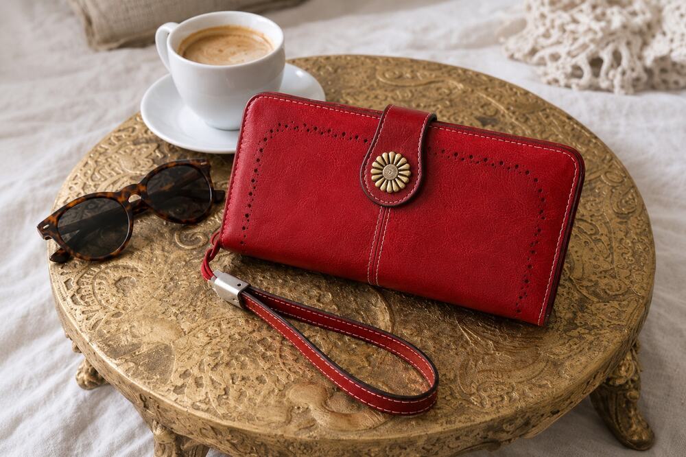 Red Leather Wallet Wristlet Sunflower Snap Large Capacity RFID Clutch Organizer